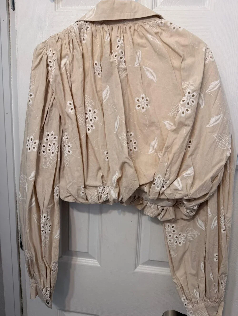 Beige Eyelet Puff-Sleeve Button-Down Shirt